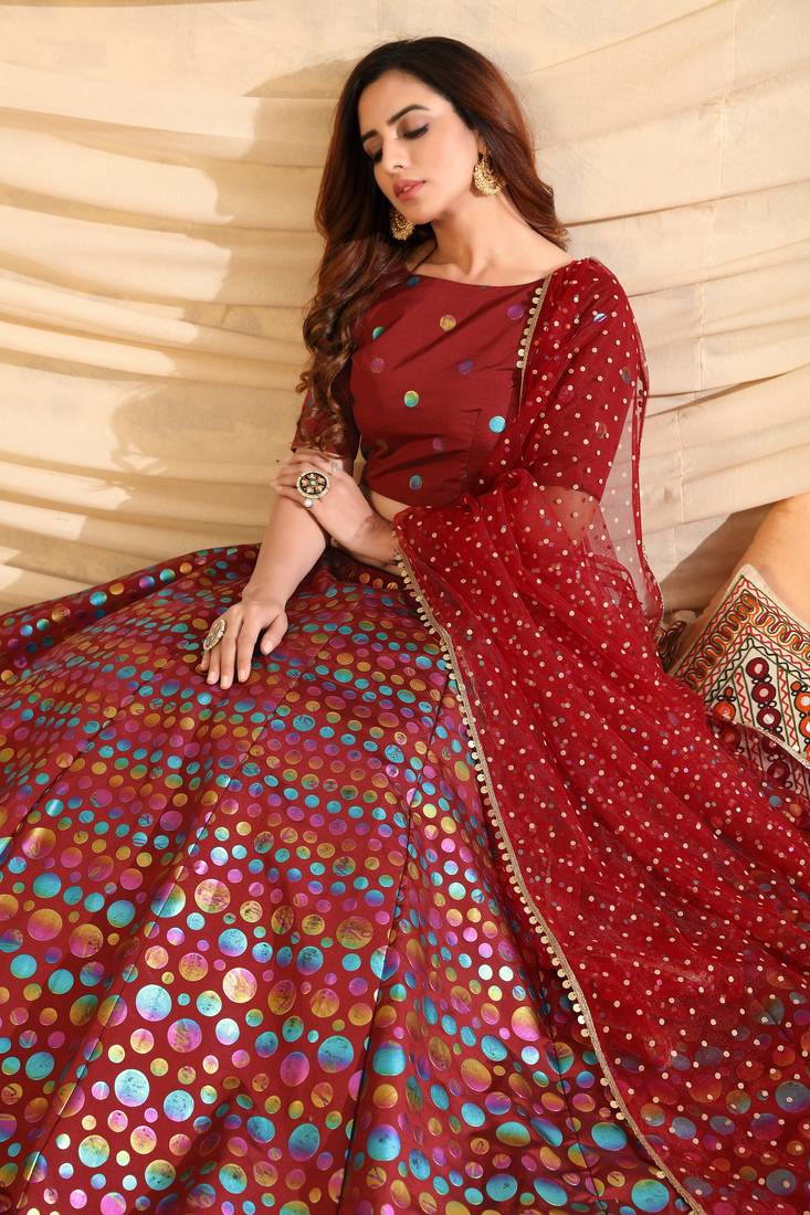 Maroon Pigment Foil Printed Taffeta Silk Semi Stitched Partywear lehenga