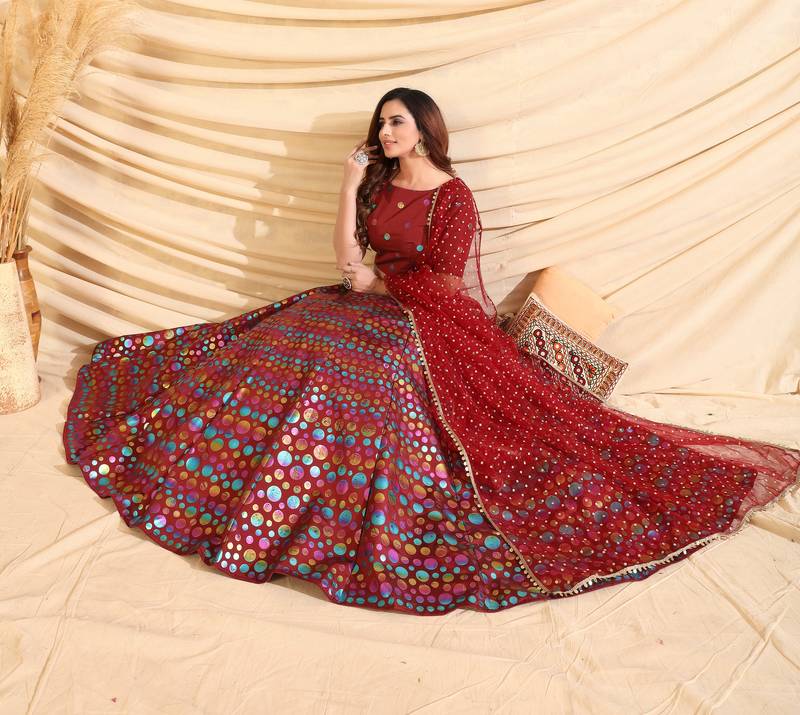 Maroon Pigment Foil Printed Taffeta Silk Semi Stitched Partywear lehenga