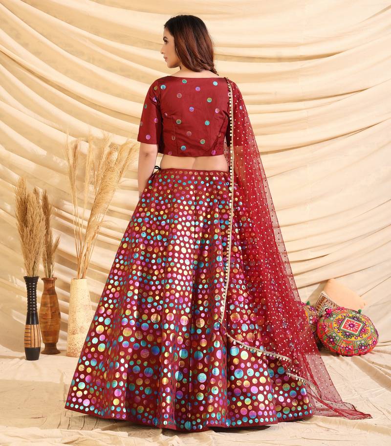 Maroon Pigment Foil Printed Taffeta Silk Semi Stitched Partywear lehenga