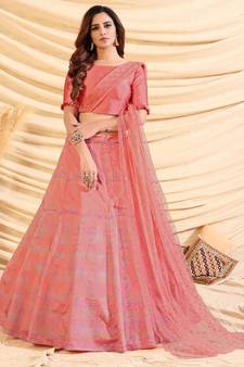 Pink Pigment Foil Printed Taffeta Silk Semi Stitched Partywear lehenga