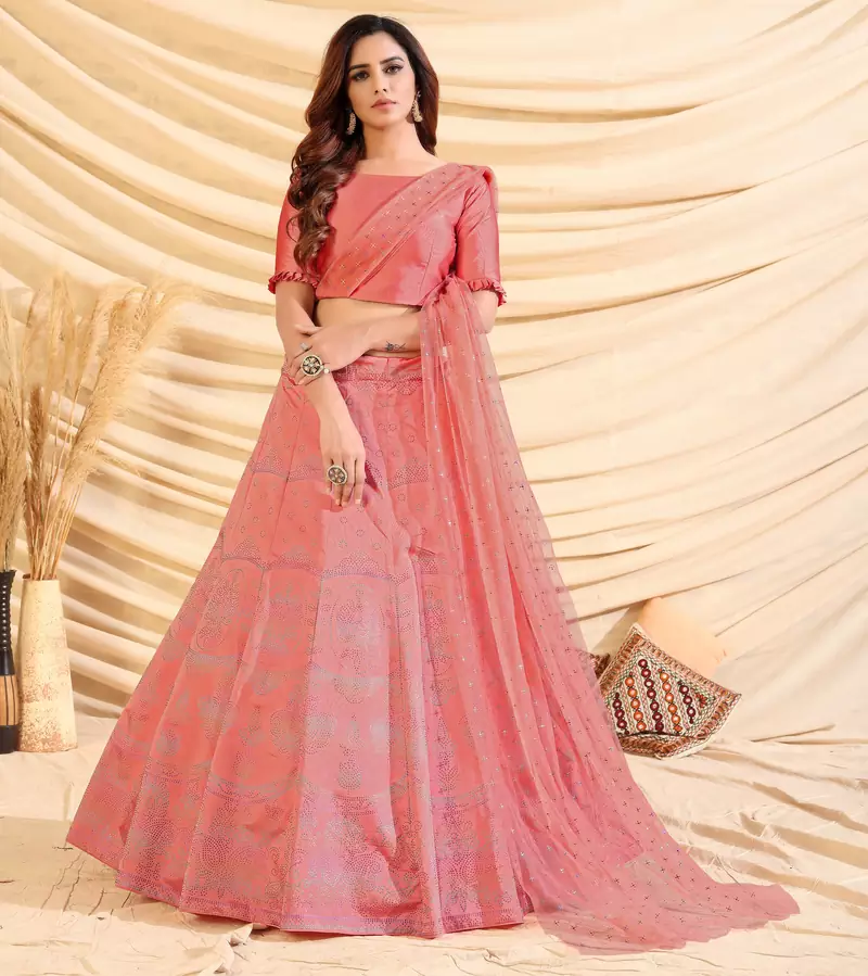 Pink Pigment Foil Printed Taffeta Silk Semi Stitched Partywear lehenga