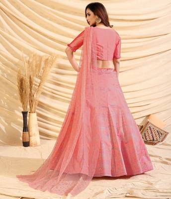 Pink Pigment Foil Printed Taffeta Silk Semi Stitched Partywear Lehenga 3