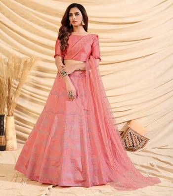 Pink Pigment Foil Printed Taffeta Silk Semi Stitched Partywear Lehenga 4