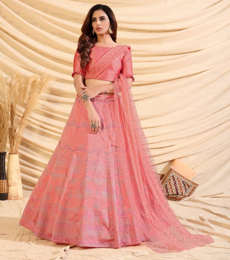 Pink Pigment Foil Printed Taffeta Silk Semi Stitched Partywear lehenga