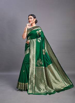 Dark Green Color Designer Banarasi Silk Saree for Women. 4