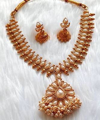 Charming Necklace  Set pearls & White Moti Gold Plated With Matching Earrings For Women 1