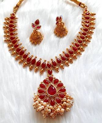 Charming Necklace  Set pearls & Red Stones  Gold Plated With Matching Earrings For Women 1