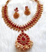 Charming Necklace  Set pearls & Red Stones  Gold Plated With Matching Earrings For Women