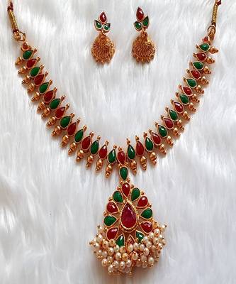 Charming Necklace  Set pearls & Multicolour  Stones  Gold Plated With Matching Earrings For Women 1