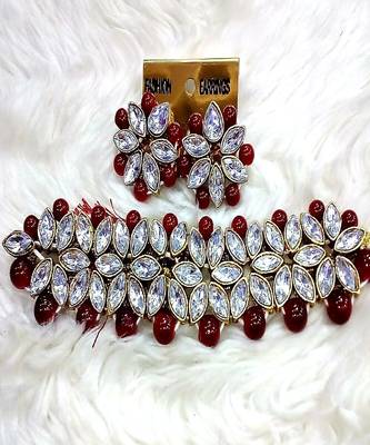 Premium Quality White  Stone Necklace  Set with Maroon beads And Matching  Earrings For Women & Girls 1