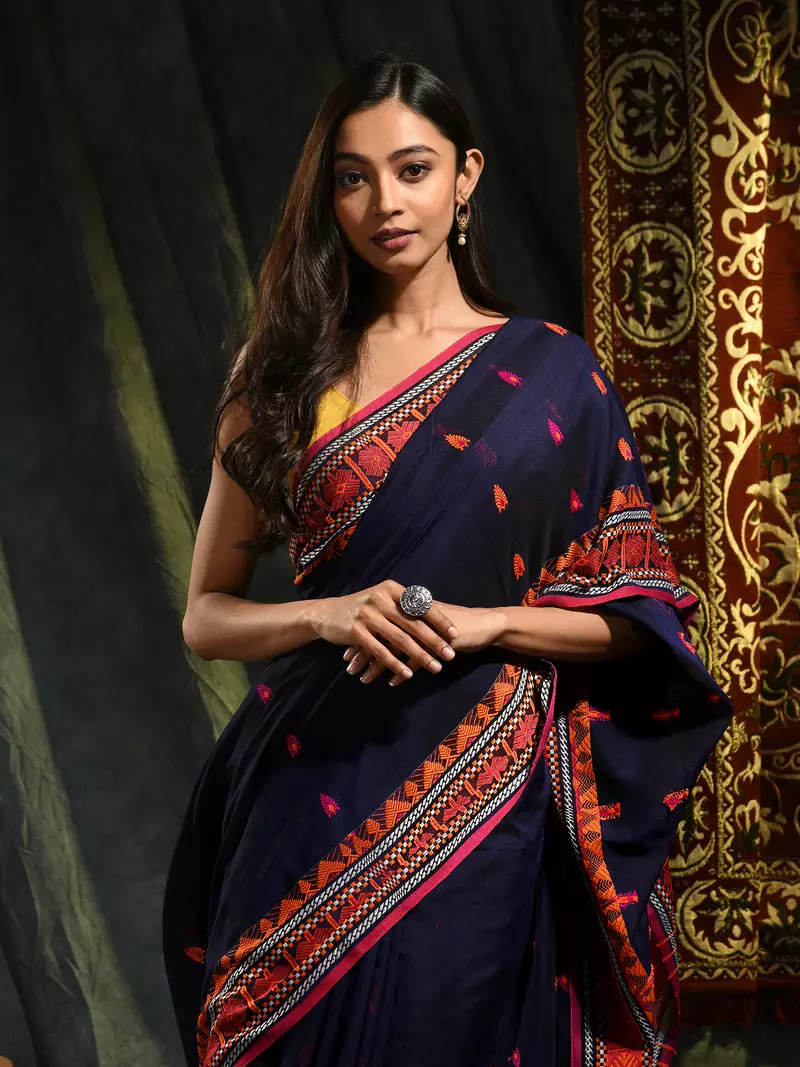 Blue woven cotton saree with blouse
