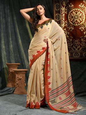 Beige woven cotton saree with blouse 1