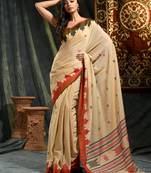 Beige woven cotton saree with blouse