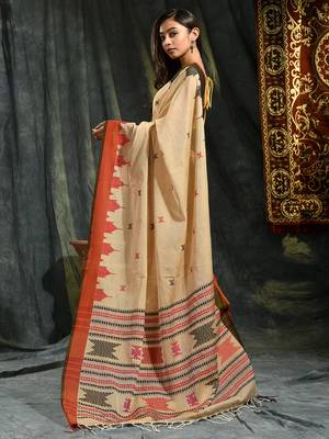 Beige woven cotton saree with blouse 4