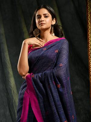 Blue woven cotton saree with blouse 2
