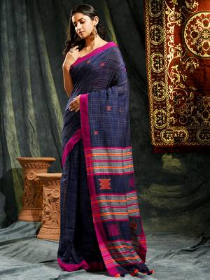 Blue woven cotton saree with blouse 1