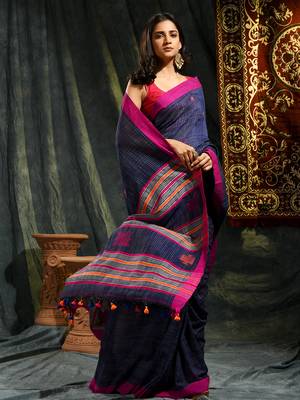 Blue woven cotton saree with blouse 3