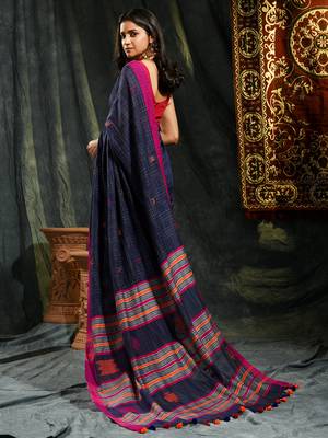 Blue woven cotton saree with blouse 4