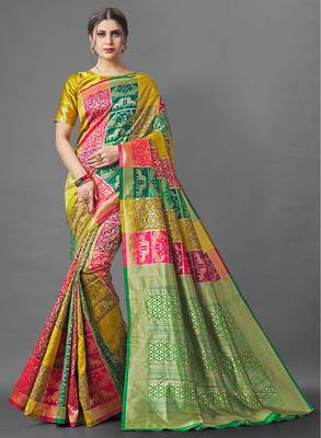 Yellow & Green color women's patola silk saree with blouse piece. 1