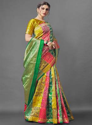 Yellow & Green color women's patola silk saree with blouse piece. 2