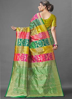 Yellow & Green color women's patola silk saree with blouse piece. 3
