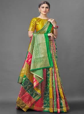 Yellow & Green color women's patola silk saree with blouse piece. 4