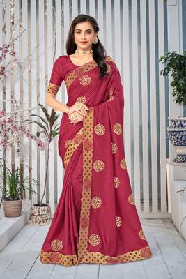 Pink embroidered art silk saree with blouse 1
