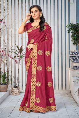 Pink embroidered art silk saree with blouse 2