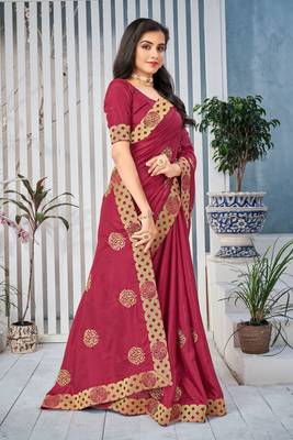 Pink embroidered art silk saree with blouse 3