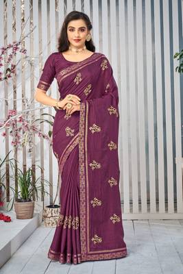 Wine embroidered art silk saree with blouse 1
