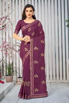 Wine embroidered art silk saree with blouse