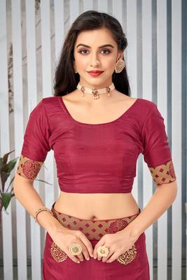 Pink embroidered art silk saree with blouse 4