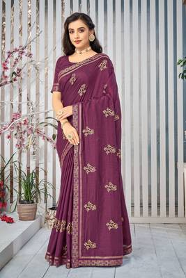 Wine embroidered art silk saree with blouse 2