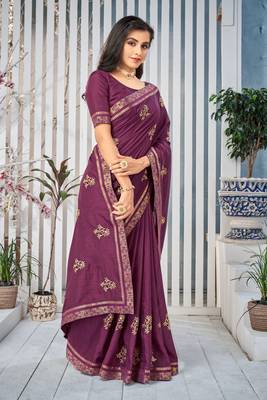 Wine embroidered art silk saree with blouse 3