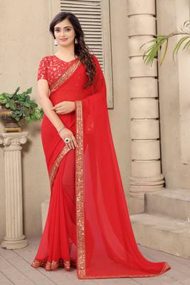 red printed silk blend saree with blouse 1
