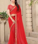 red printed silk blend saree with blouse