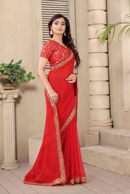 red printed silk blend saree with blouse 2