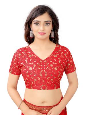 red printed silk blend saree with blouse 4