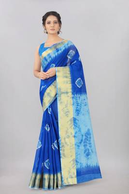 blue printed silk blend saree with blouse 1