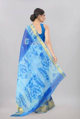 blue printed silk blend saree with blouse 3