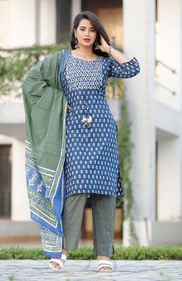 AL-AHAD Traditional Designer A-Line Rayon Kurti With Pant & Printed Dupatta Set. 1