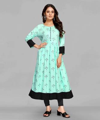 Aqua-blue printed rayon ethnic-kurtis 1