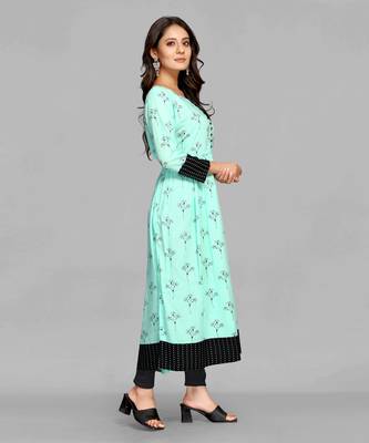 Aqua-blue printed rayon ethnic-kurtis 4