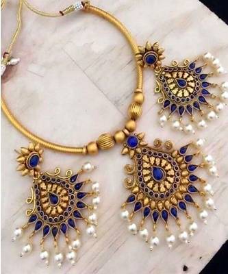 Temple Jewellery Blue Stones Gold Plated Bollywood Style  Neckalce Set For Women  & Girls 1
