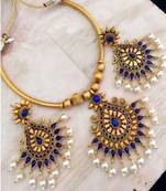 Temple Jewellery Blue Stones Gold Plated Bollywood Style  Neckalce Set For Women  & Girls