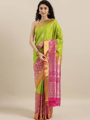 Green hand woven kanchipuram silk saree with blouse 2