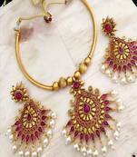 Temple Jewellery Pink Stones Gold Plated Bollywood Style  Neckalce Set For Women  & Girls