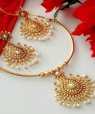 Temple Jewellery White Stones Gold Plated Bollywood Style  Neckalce Set For Women & Girls 1