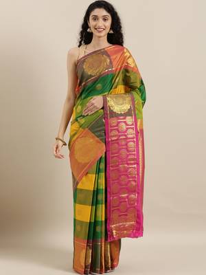 Multicolor hand woven kanchipuram silk saree with blouse 1