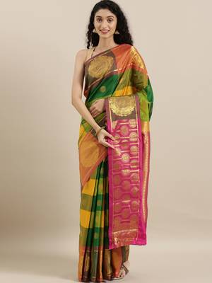 Multicolor hand woven kanchipuram silk saree with blouse 2